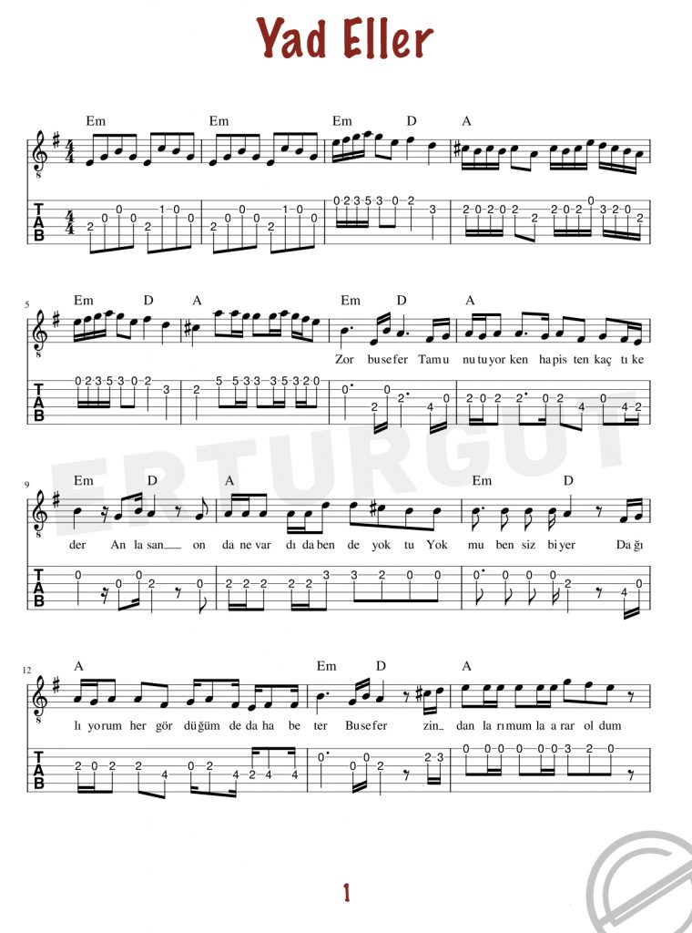 Yad Eller - Gitar Nota Ve Tabı