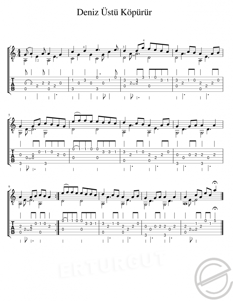 Deniz Üstü Köpürür - Gitar Tab Ve Notası