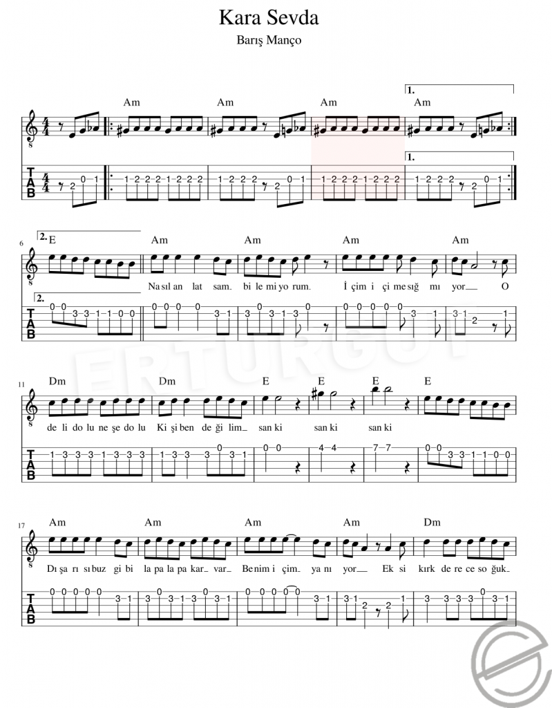 Kara Sevda - Gitar Tab Ve Notası