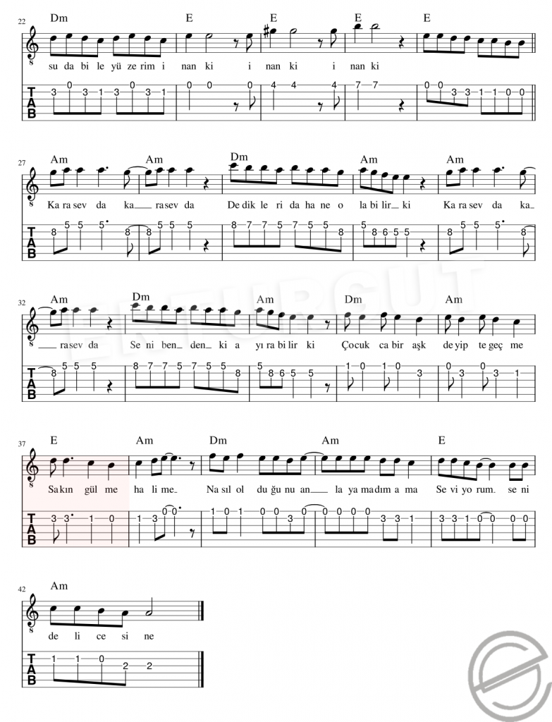 Kara Sevda - Gitar Tab Ve Notası