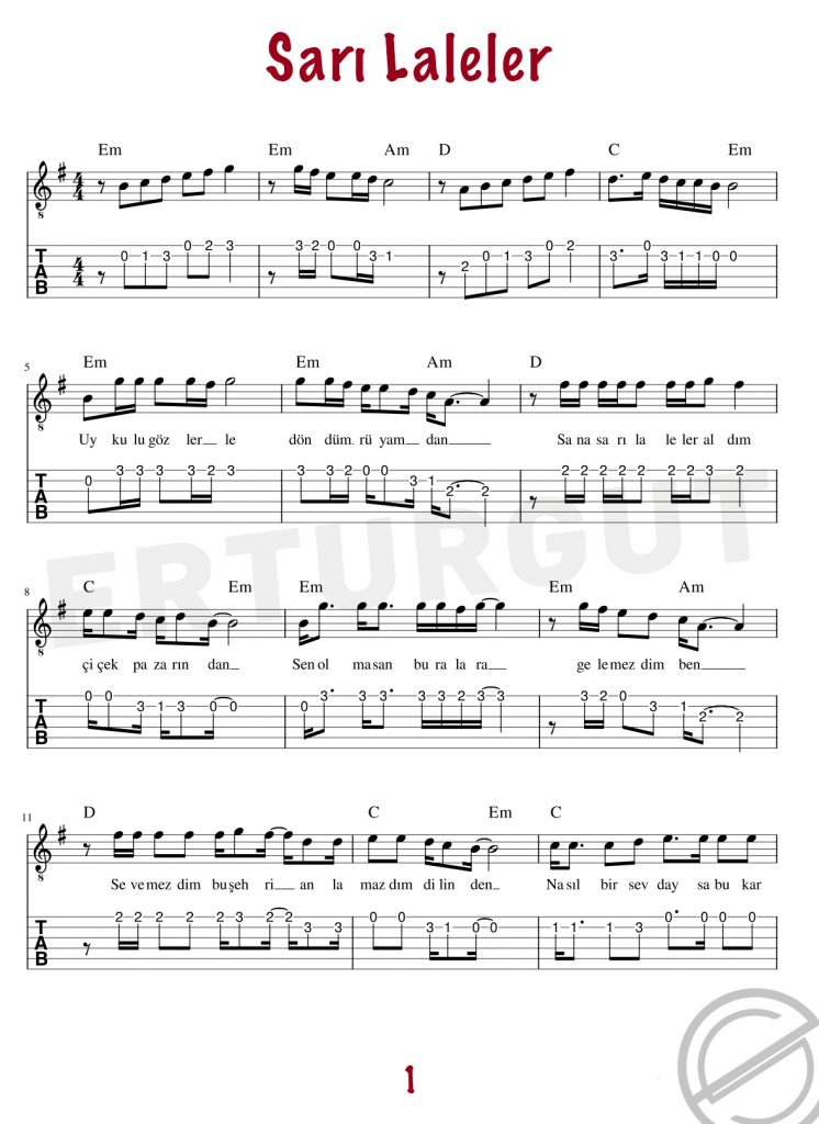 Sarı Laleler - Gitar Nota Ve Tabı