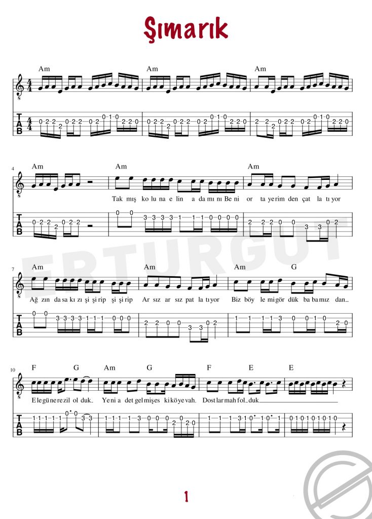 Şımarık - Gitar Nota Ve Tabı