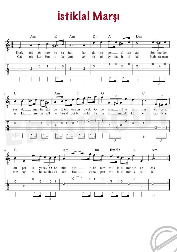 İstiklal Marşı - Gitar Nota Ve Tabı