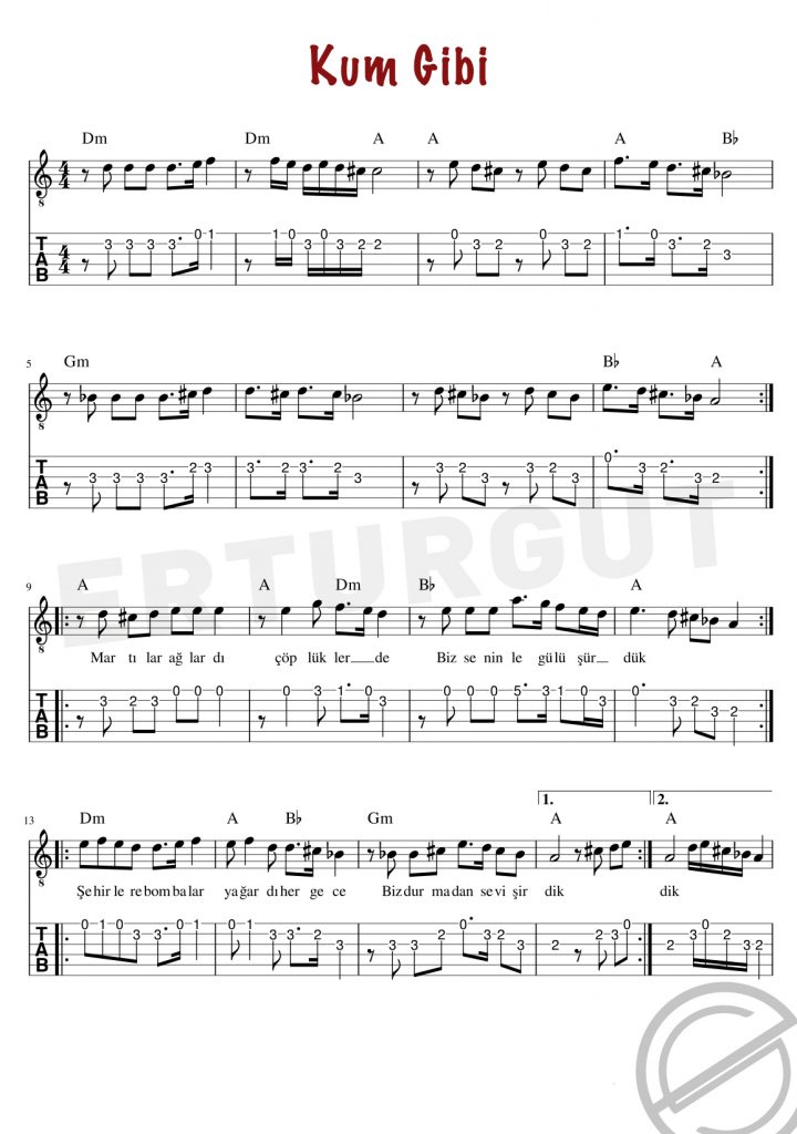 Kum Gibi - Gitar Nota Ve Tabı