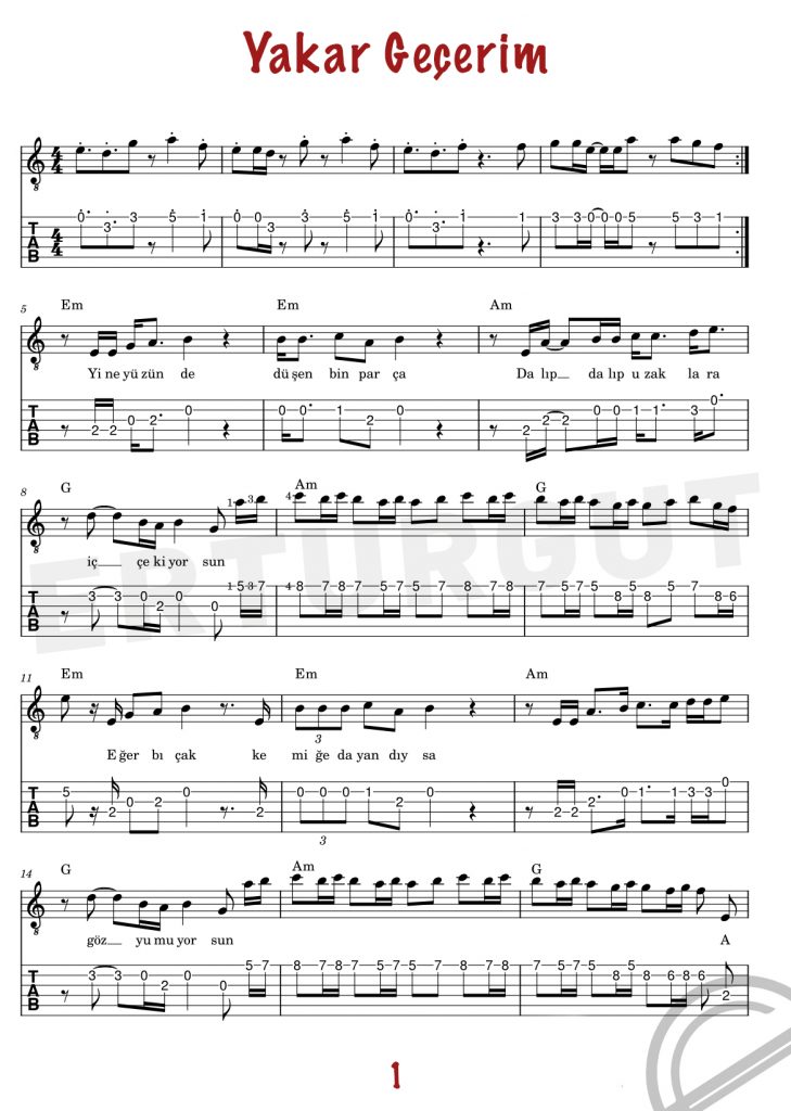 Yakar Geçerim - Gitar Nota Ve Tabı