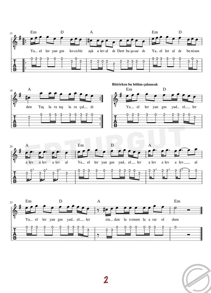 Yad Eller - Gitar Nota Ve Tabı