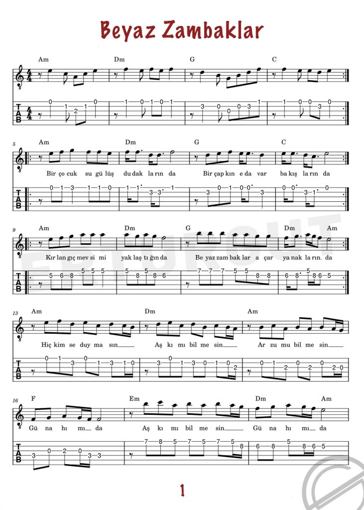 Beyaz Zambaklar - Gitar Nota Ve Tabı