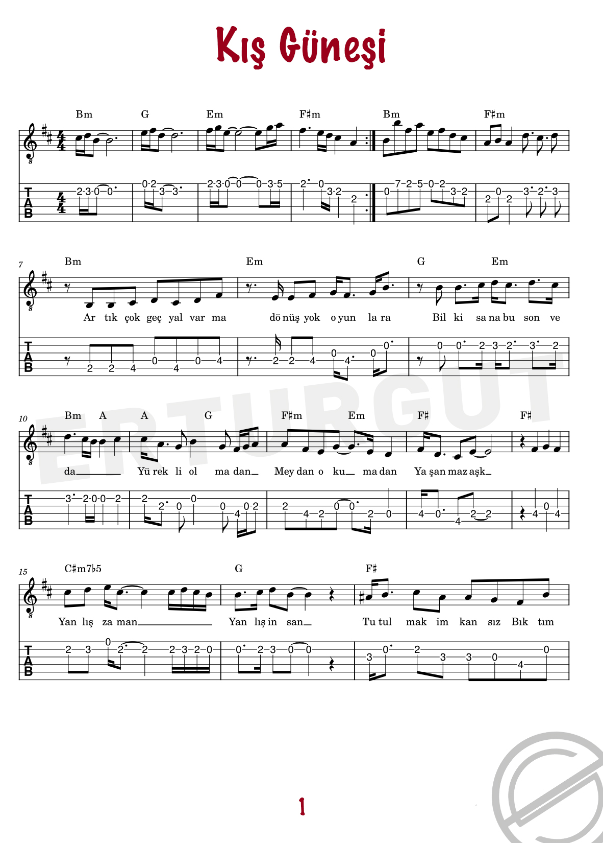 Kış Güneşi - Gitar Nota Ve Tabı