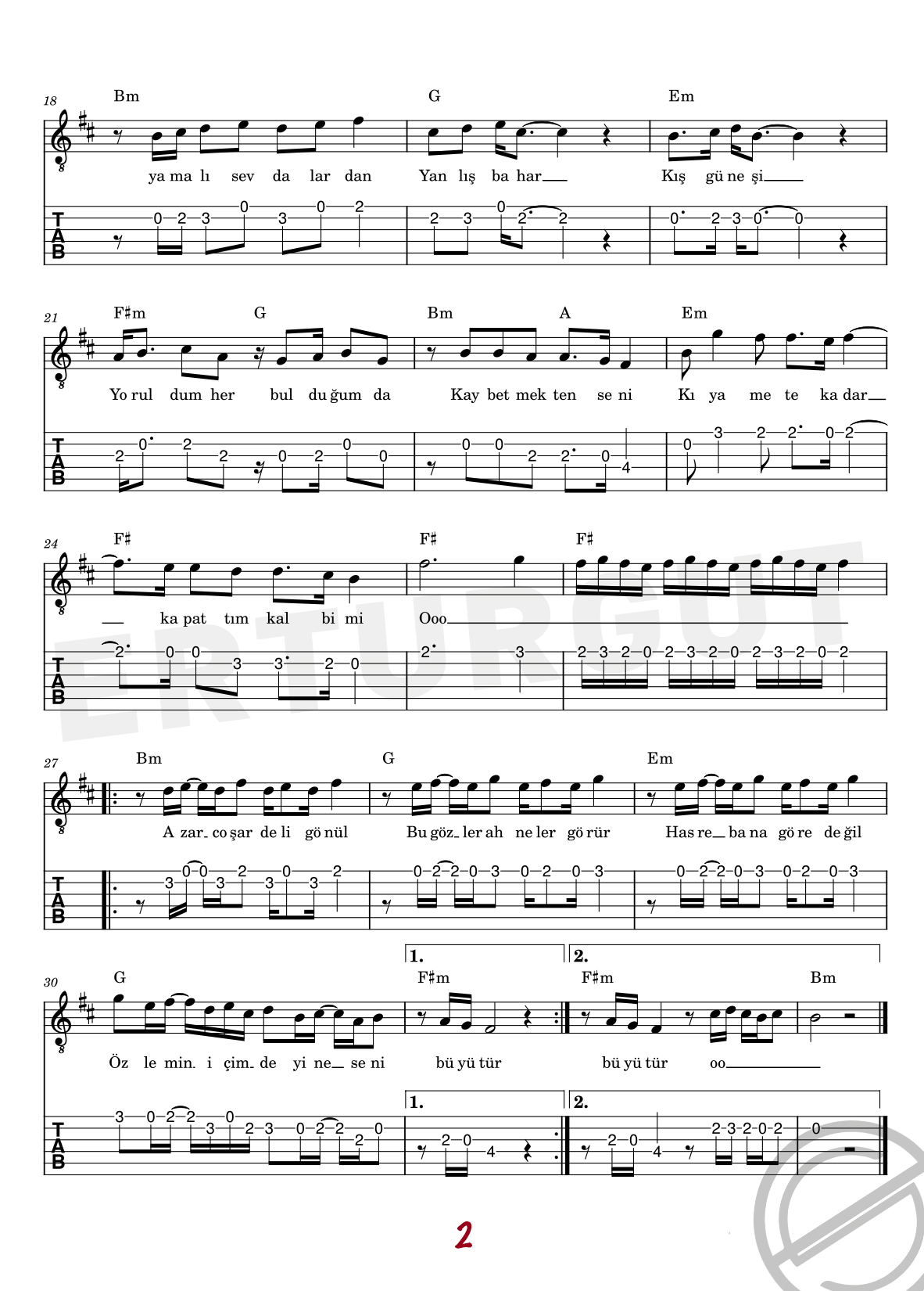 Kış Güneşi - Gitar Nota Ve Tabı