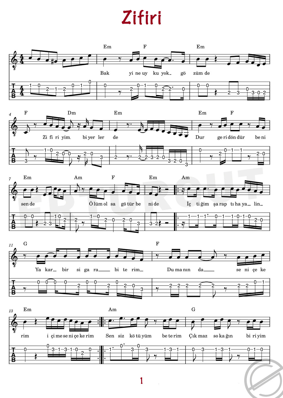 Zifiri – Gitar Nota Ve Tabı