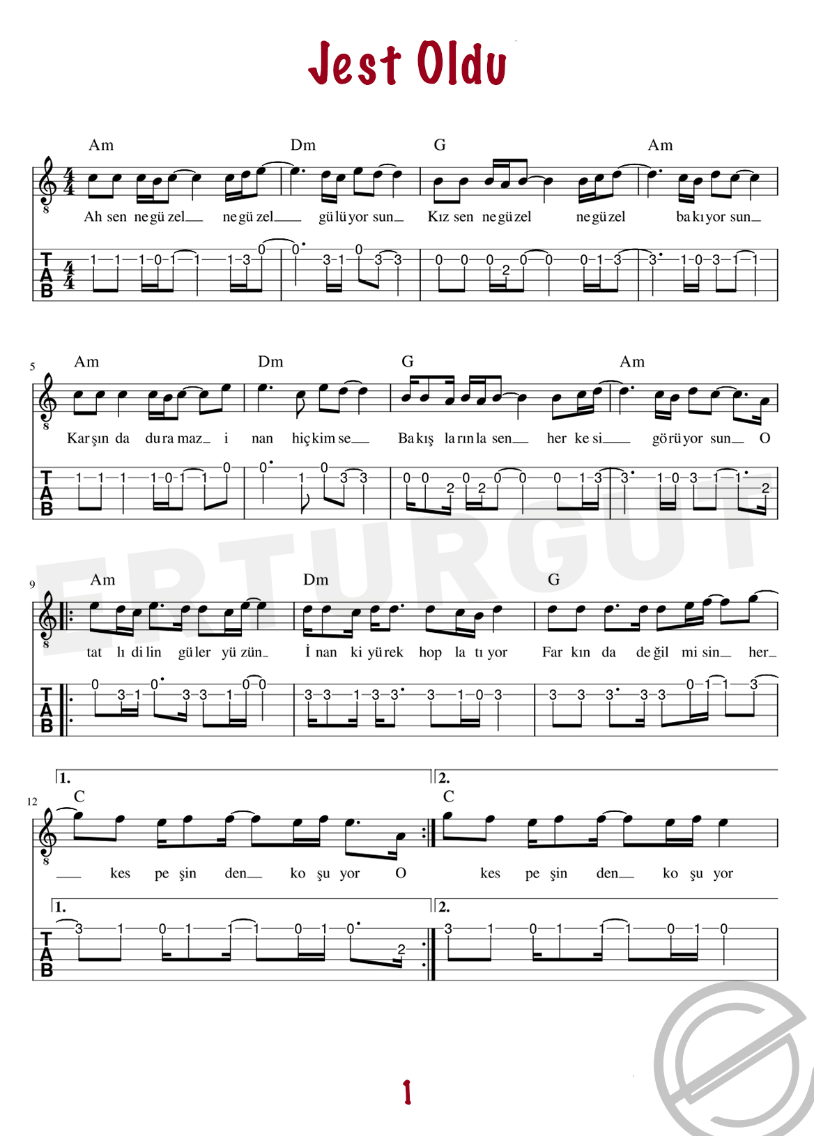 Jest Oldu - Gitar Nota Ve Tabı